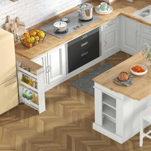 3-Piece Kitchen Furniture Set: Kitchen Island + 2 Bar Stools + Narrow Storage Cart - Color: White