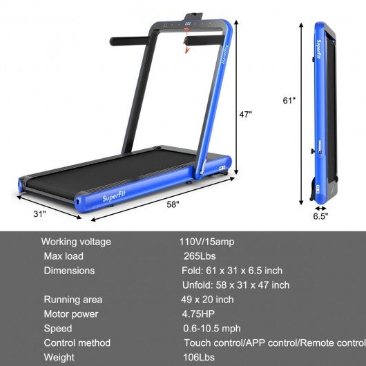 4.75HP 2 In 1 Folding Treadmill with Remote APP Control-Navy - Color: Navy