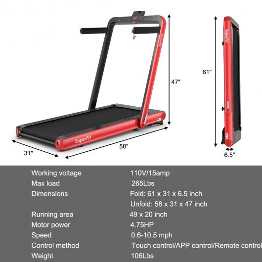 4.75HP 2 In 1 Folding Treadmill with Remote APP Control-Red - Color: Red