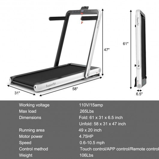 4.75HP 2 In 1 Folding Treadmill with Remote APP Control-White - Color: White