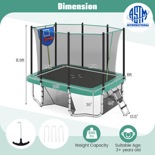 Rectangle Outdoor Trampoline 10 x 8 FT Heavy-Duty Trampoline with Basketball Hoop-Blue