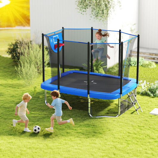 Rectangle Outdoor Trampoline 10 x 8 FT Heavy-Duty Trampoline with Basketball Hoop-Blue - Color: Blue