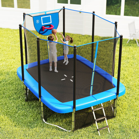 Rectangle Outdoor Trampoline 10 x 8 FT Heavy-Duty Trampoline with Basketball Hoop-Blue - Color: Blue