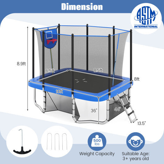 Rectangle Outdoor Trampoline 10 x 8 FT Heavy-Duty Trampoline with Basketball Hoop-Blue - Color: Blue