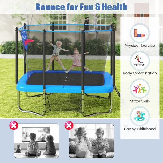 Rectangle Outdoor Trampoline 10 x 8 FT Heavy-Duty Trampoline with Basketball Hoop-Blue - Color: Blue