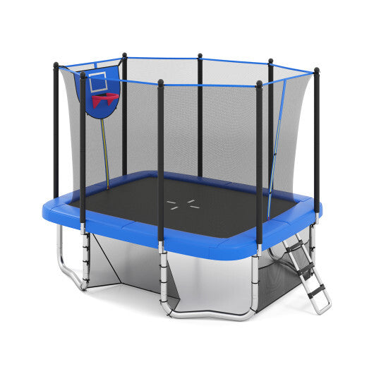 Rectangle Outdoor Trampoline 10 x 8 FT Heavy-Duty Trampoline with Basketball Hoop-Blue - Color: Blue