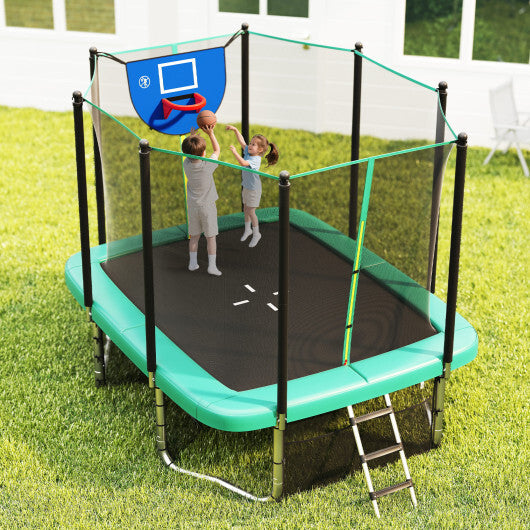 Rectangle Outdoor Trampoline 10 x 8 FT Heavy-Duty Trampoline with Basketball Hoop-Green - Color: Green