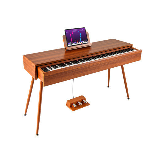 Costway 88-Key Graded Hammer Action Weighted Keyboard with Push-pull Drawer Brown - Color: Brown