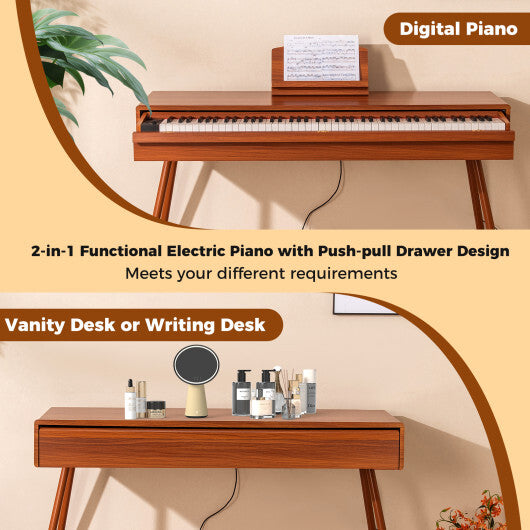 Costway 88-Key Graded Hammer Action Weighted Keyboard with Push-pull Drawer Brown