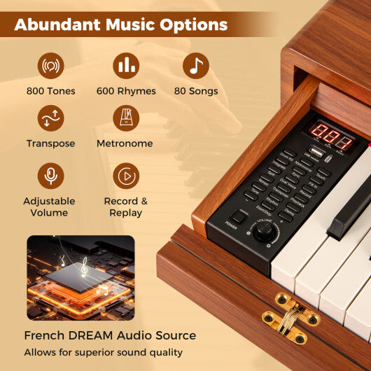Costway 88-Key Graded Hammer Action Weighted Keyboard with Push-pull Drawer Brown