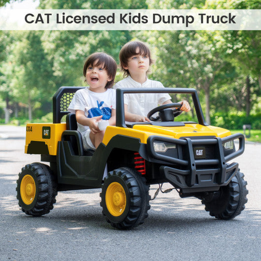Costway 24V Ride On Dump Truck Licensed Caterpillar 2-Seater for Girls Boys-Yellow
