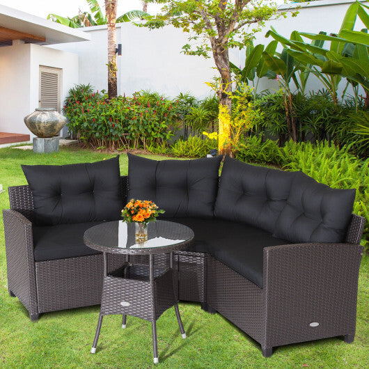 Costway 4 Pieces Patio Rattan Furniture Set Cushioned Sofa Glass Table-Black