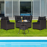 Costway 4 Pieces Patio Rattan Furniture Set Cushioned Sofa Glass Table-Black