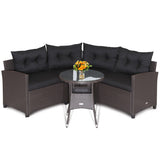 Costway 4 Pieces Patio Rattan Furniture Set Cushioned Sofa Glass Table-Black