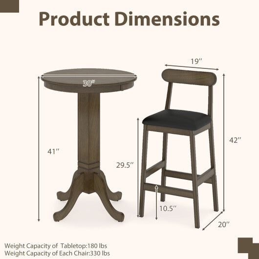 Costway 3 Pieces Wood Bar Table Set for 2 Round Pub Table with Pedestal Base and 2 Armless Stools