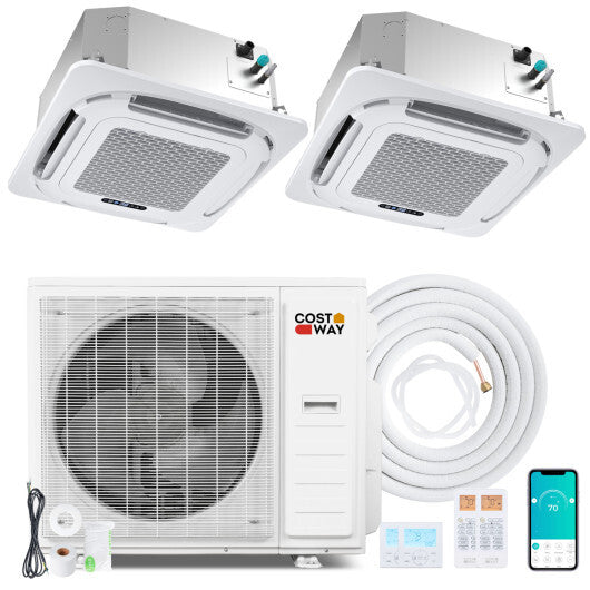 X-Pro 35000 BTU 2 Zone 22.5 SEER2 Ceiling Cassette Mini Split AC-18K + 18K - Color: White - Size: 18K + 18K