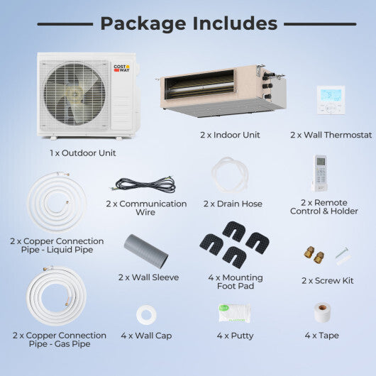 X-Pro 35000 BTU 2 Zone 22.5 SEER2 Concealed Ducted Mini Split AC-12K + 18K - Color: White - Size: 12K + 18K