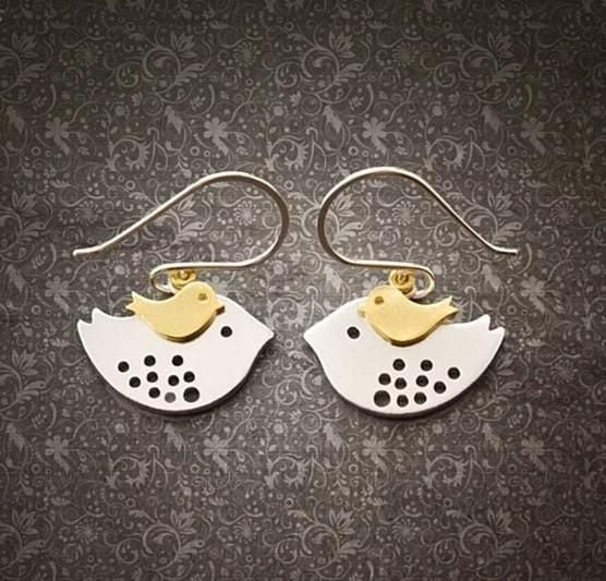 SKY TRAVELERS EARRINGS Little Bird Learning To Fly From Mom Bird in 925 Sterling Silver hooks