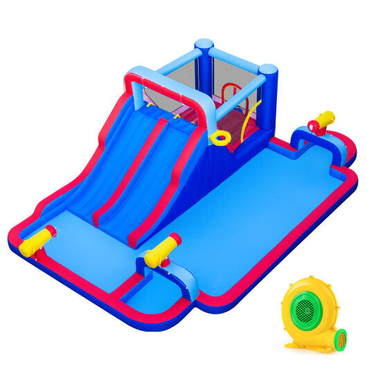 Costway Giant Inflatable Water Slide Park with Double Slides & 3 Water Cannons With 750W Blower